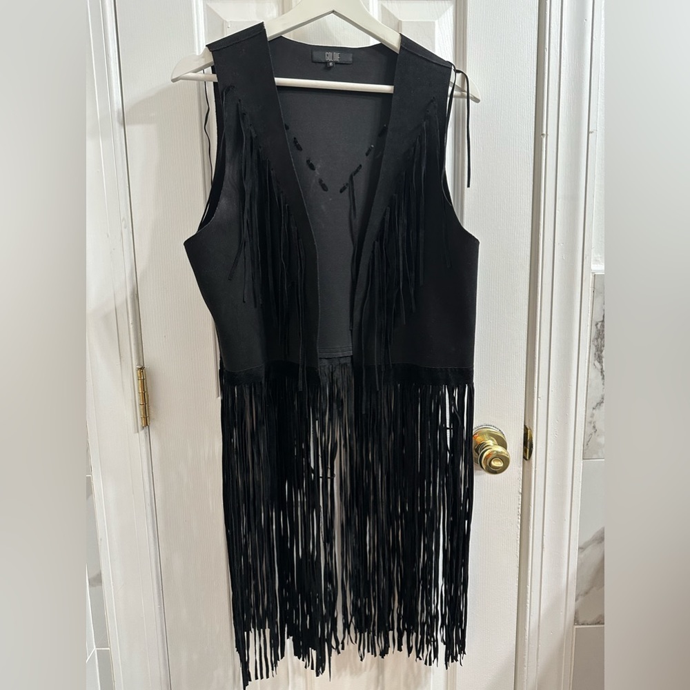 Goldie Black Fringe Vest Cowboy Country Scuba Material Bohemian
